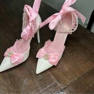 Chic Elegant Pink and White Heels with Bow and Pearl Details stilettos Barbie